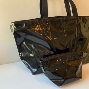 Herve Chapelier Black Faux Patent Leather Tote and Cosmetic Bag